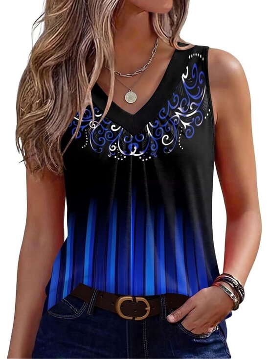 Tops - Women Blue/Black V Neck Summer Sleeveless Pleated Boho Printed Casual Tank Top